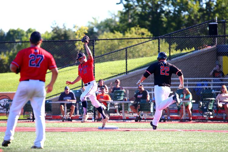 First baseman Jared Miller leaped to make a catch in the second inning against Waterville. A questionable call ruled Waterville runner Shane Sellner safe on an error, even though Miller touched down well in advance of Sellner reaching base.